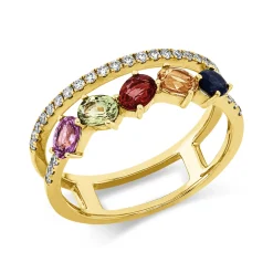 Ring aus 750 Gelbgold 5 Saphire 1,24ct mehrfarbig 28 Brillanten 0,2ct TW-SI B:7mm