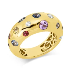 Ring aus 750 Gelbgold 14 Saphire 2,04ct mehrfarbig 4 Brillanten 0,19ct TW-VSI B:9mm