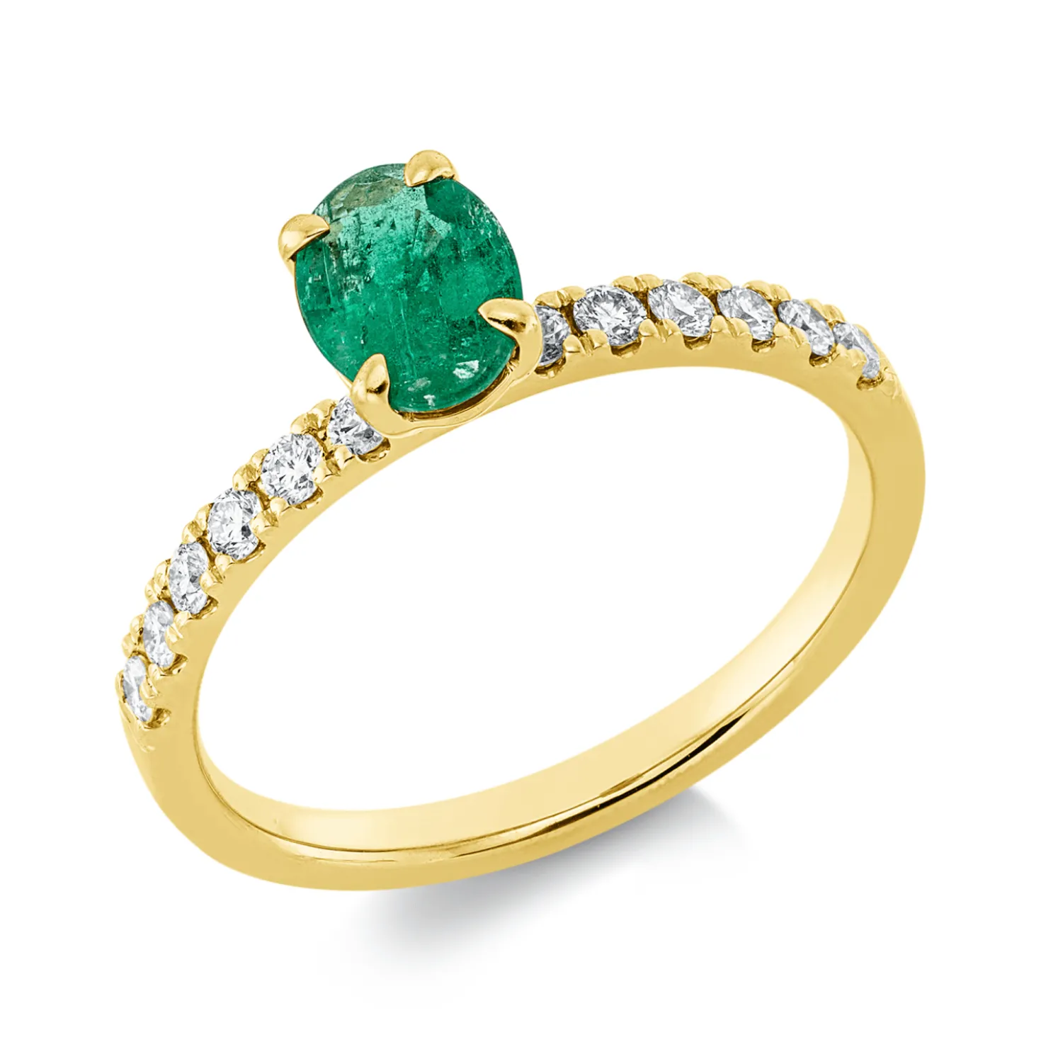Ring aus 750 Gelbgold Smaragd 0,68ct grün 12 Brillanten 0,25ct TW-SI B:6,9mm