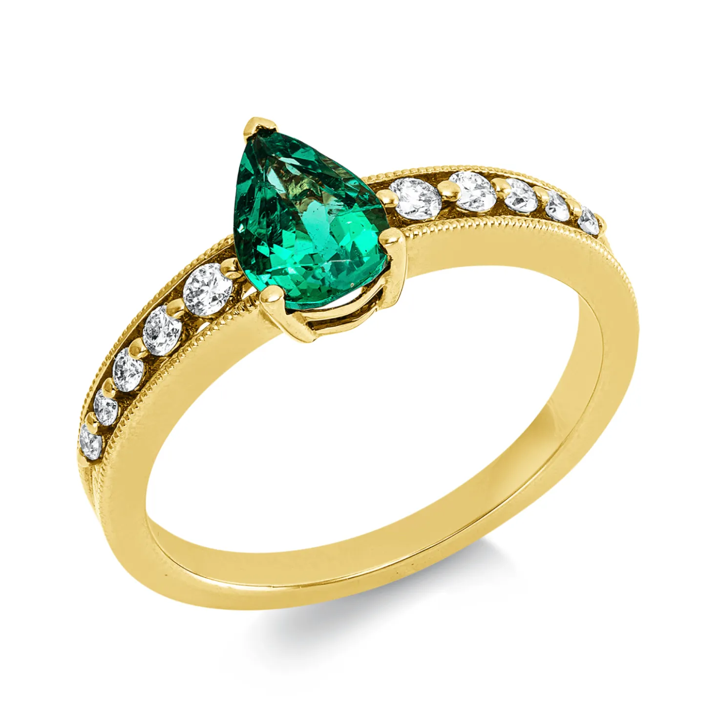 Ring aus 750 Gelbgold Smaragd 0,75ct grün 10 Brillanten 0,17ct TW-SI B:8,3mm