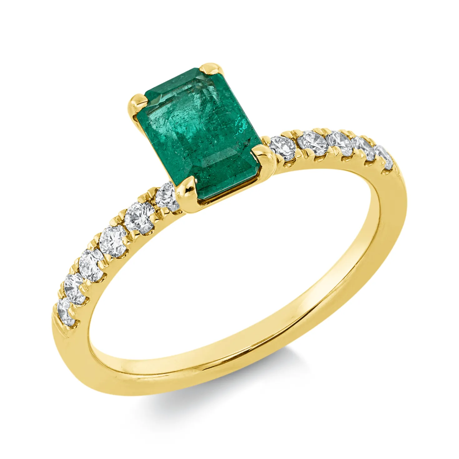 Ring aus 750 Gelbgold Smaragd 1,06ct grün 12 Brillanten 0,25ct TW-SI B:7mm