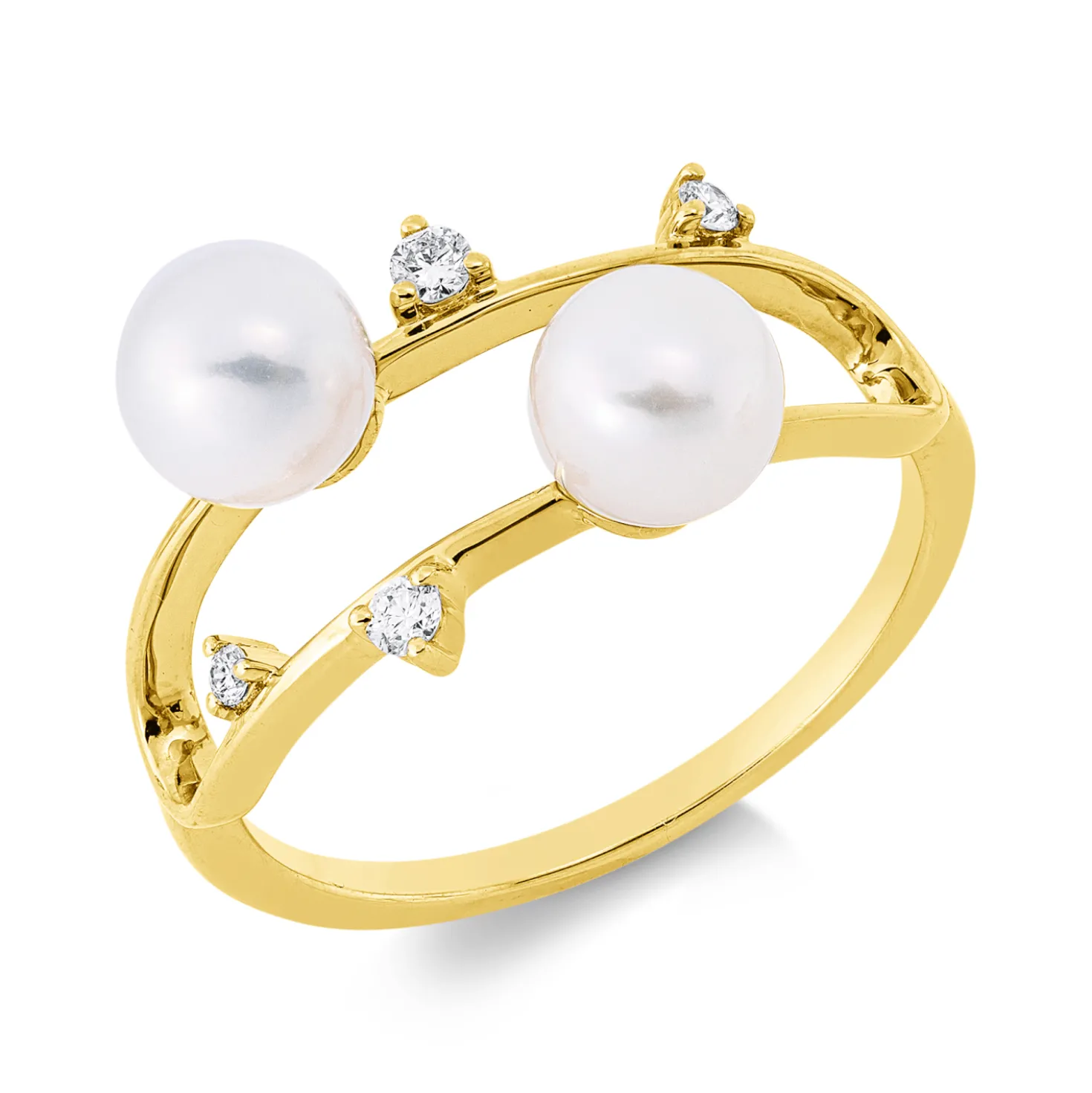 Ring aus 750 Gelbgold 2 Süßwasser-Perlen 5,5mm weiß 4 Brillanten 0,07ct TW-SI