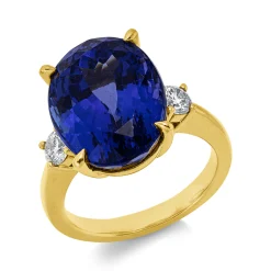 Ring aus 750 Gelbgold Tansanit 13,58ct blau 2 Brillanten 0,41ct TW-SI B:15,2mm