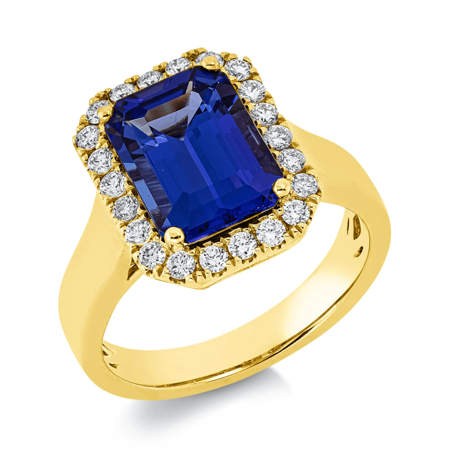 Ring aus 750 Gelbgold Tansanit 3,58ct blau 22 Brillanten 0,38ct TW-SI B:14,6mm