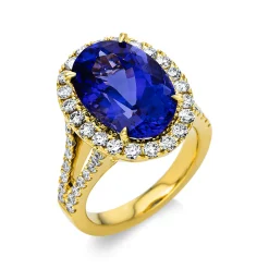 Ring aus 750 Gelbgold Tansanit 8,13ct blau 52 Brillanten 1,25ct TW-SI B:18,6mm