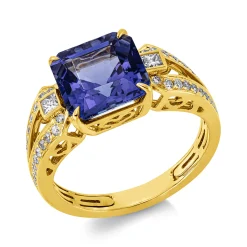 Ring aus 750 Gelbgold Tansanit 3,7ct blau 42 Diamanten 0,37ct TW-SI B:8,8mm