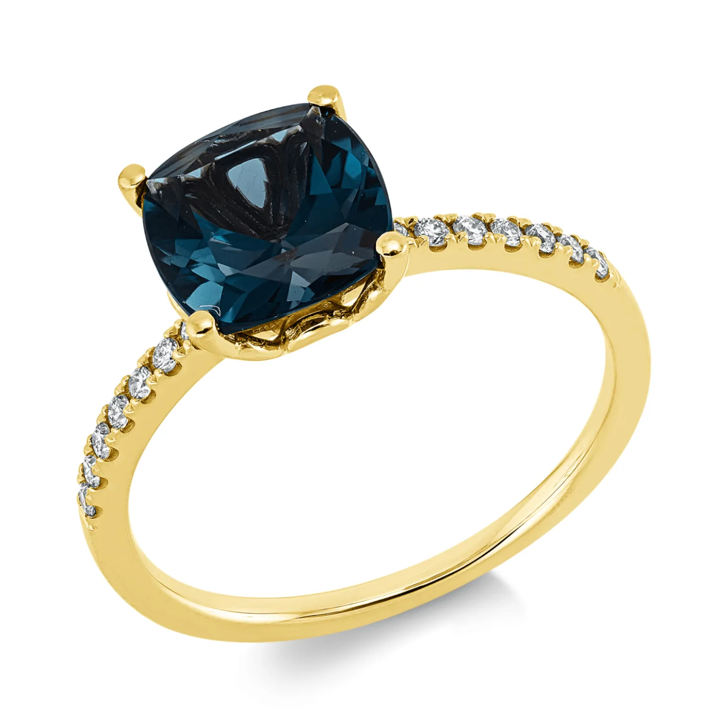 Ring aus 750 Gelbgold Topas 2,56ct London Blue 14 Brillanten 0,11ct TW-SI B:7,7mm