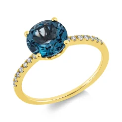 Ring aus 750 Gelbgold Topas 2,21ct London Blue 14 Diamanten 0,11ct TW-SI B:8mm