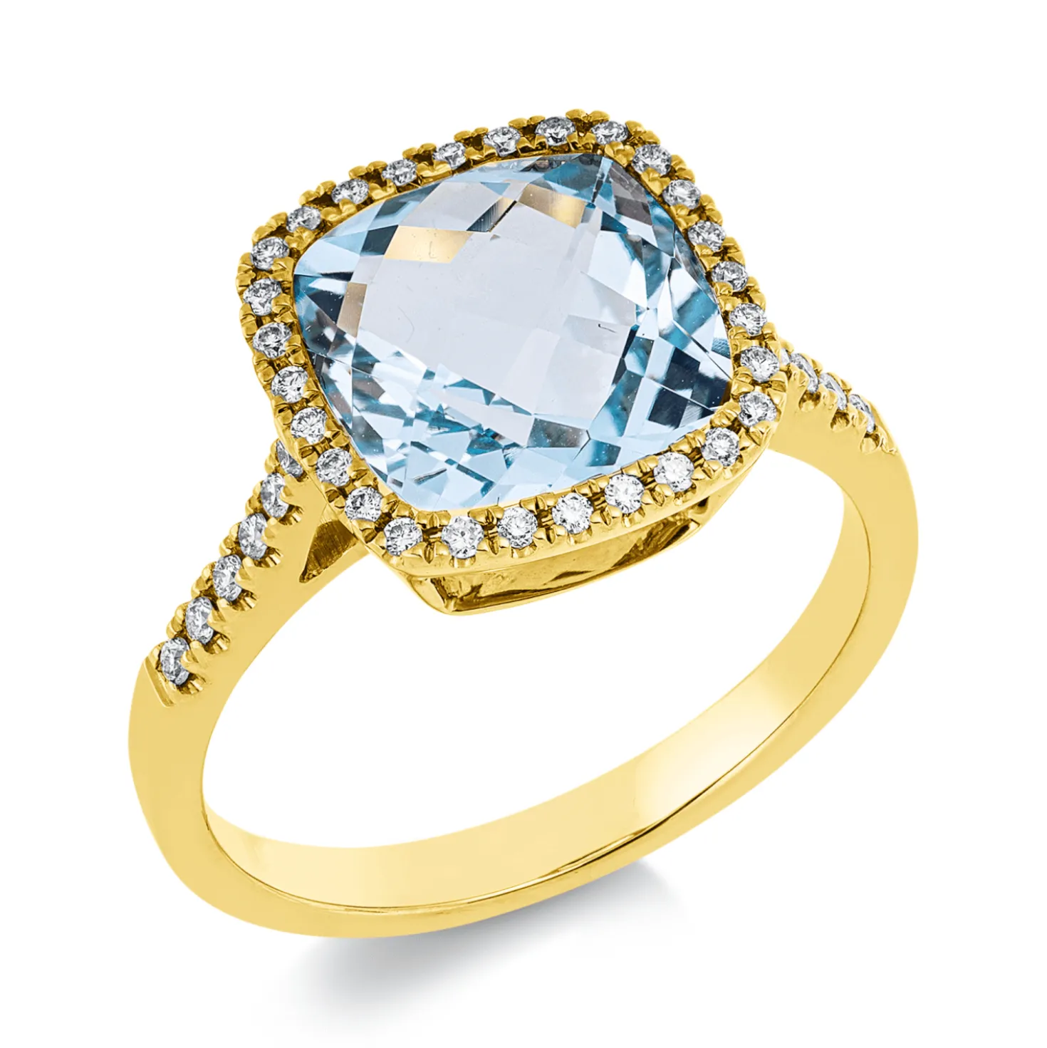 Ring aus 750 Gelbgold Topas 4,5ct skyblue 40 Brillanten 0,22ct TW-SI B:9,2mm