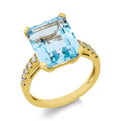 Ring aus 750 Gelbgold Topas 9,2ct skyblue 10 Brillanten 0,25ct TW-SI B:12,6mm