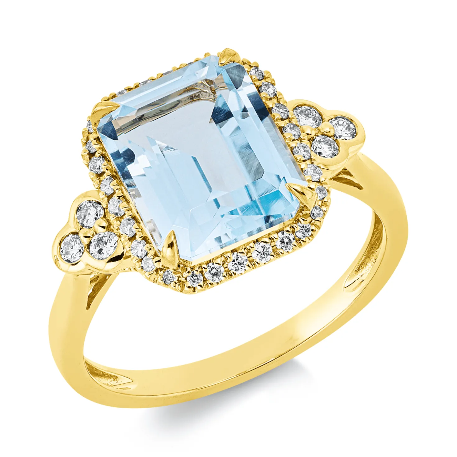 Ring aus 750 Gelbgold Topas 4,3ct skyblue 38 Brillanten 0,27ct TW-SI B:12,2mm