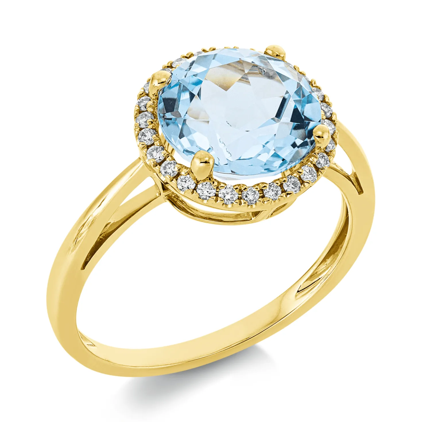 Ring aus 750 Gelbgold Topas 3,7ct skyblue 26 Brillanten 0,15ct TW-SI Ø11,3mm