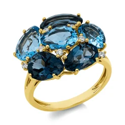 Ring aus 750 Gelbgold 6 Topase 7,5ct London Blue 7 Brillanten 0,11ct TW-SI B:16mm