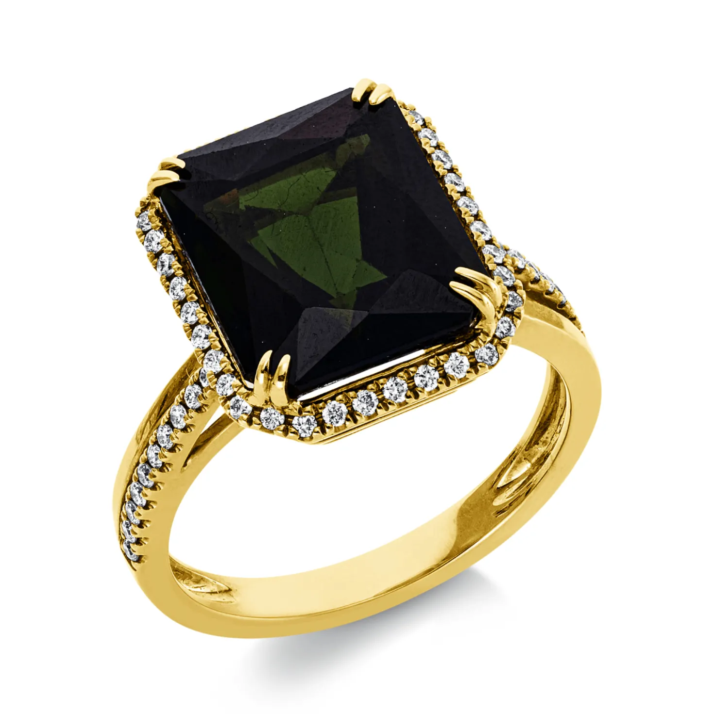 Ring aus 750 Gelbgold Turmalin 7ct grün 56 Brillanten 0,3ct TW-SI B:14,3mm