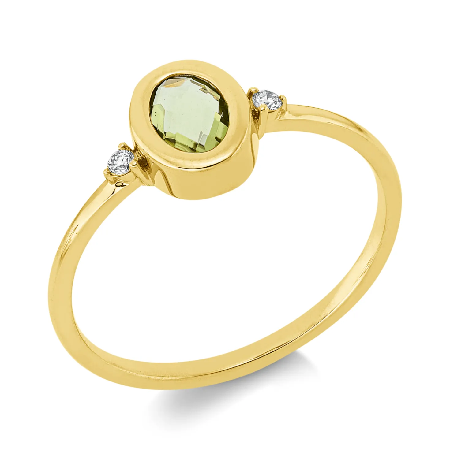 Ring aus 750 Gold Gelbgold Peridot 0,4ct 2 Brillanten 0,03ct TW-SI B:7,6mm