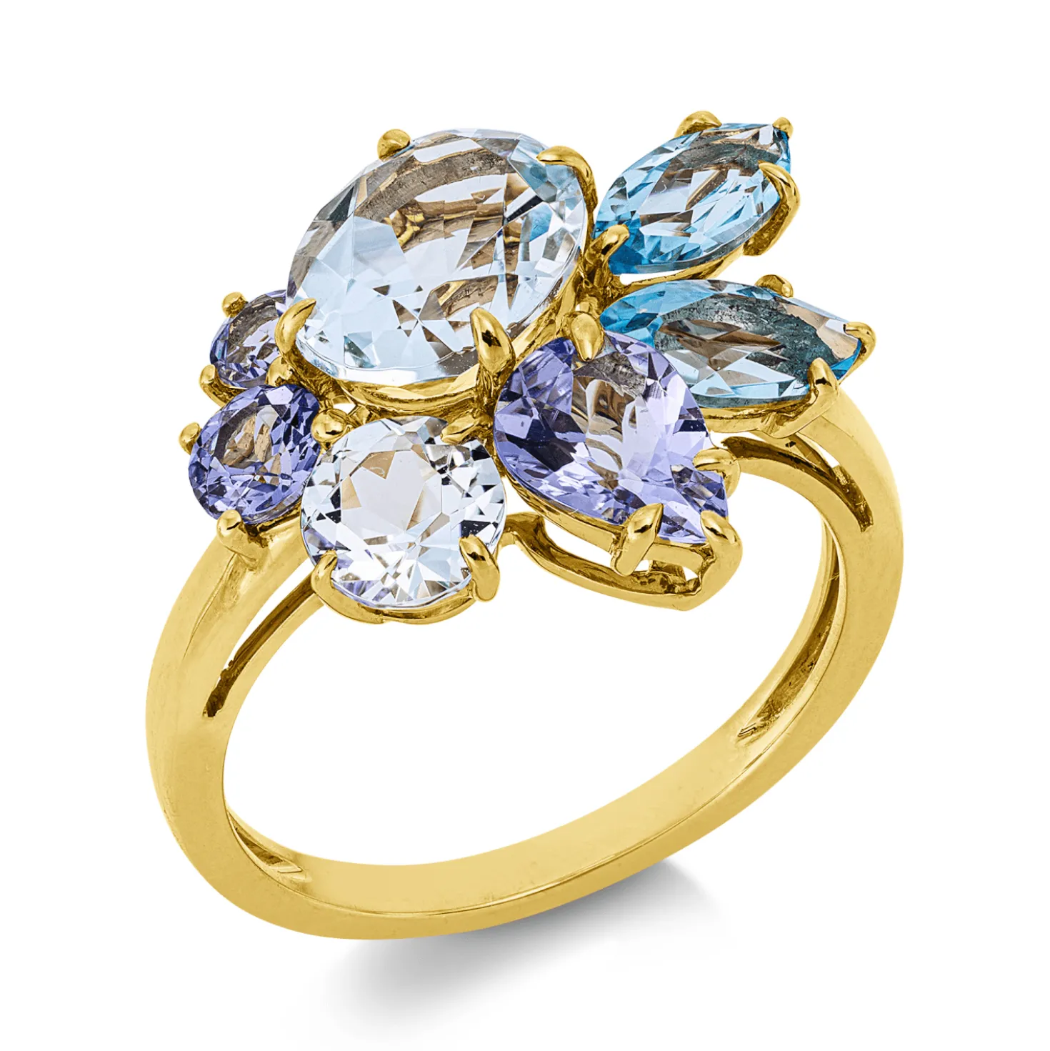 Ring aus 750 Gold Gelbgold 7 Topase 4,9ct blau H:17,5mm