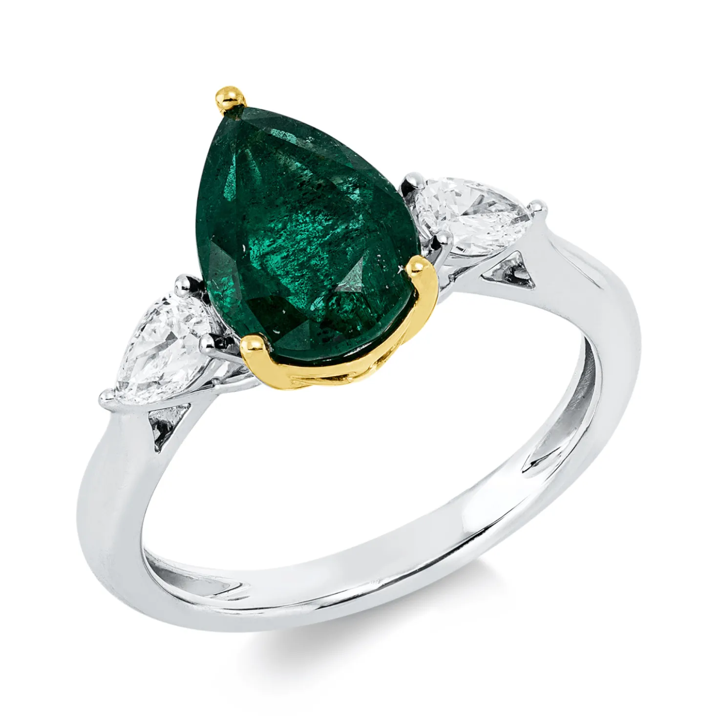 Ring aus 950 Gold gelb Smaragd 2ct grün 2 Diamanten Tropfen-Schliff 0,42ct TW-SI