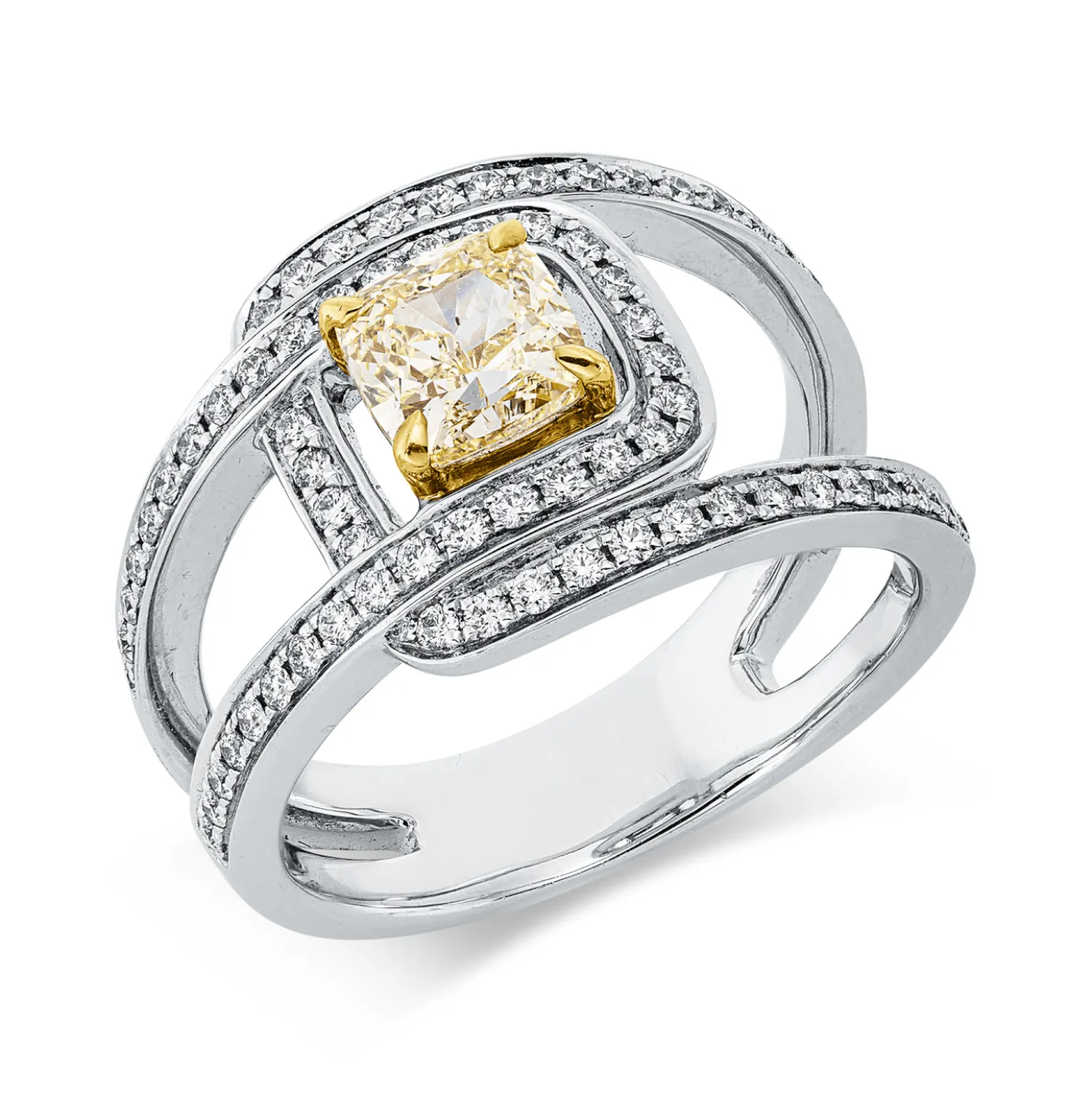 Ring aus 750 Gold gelb/weiß 70 Diamanten 1,48ct B:13,5mm 4er-Krappe
