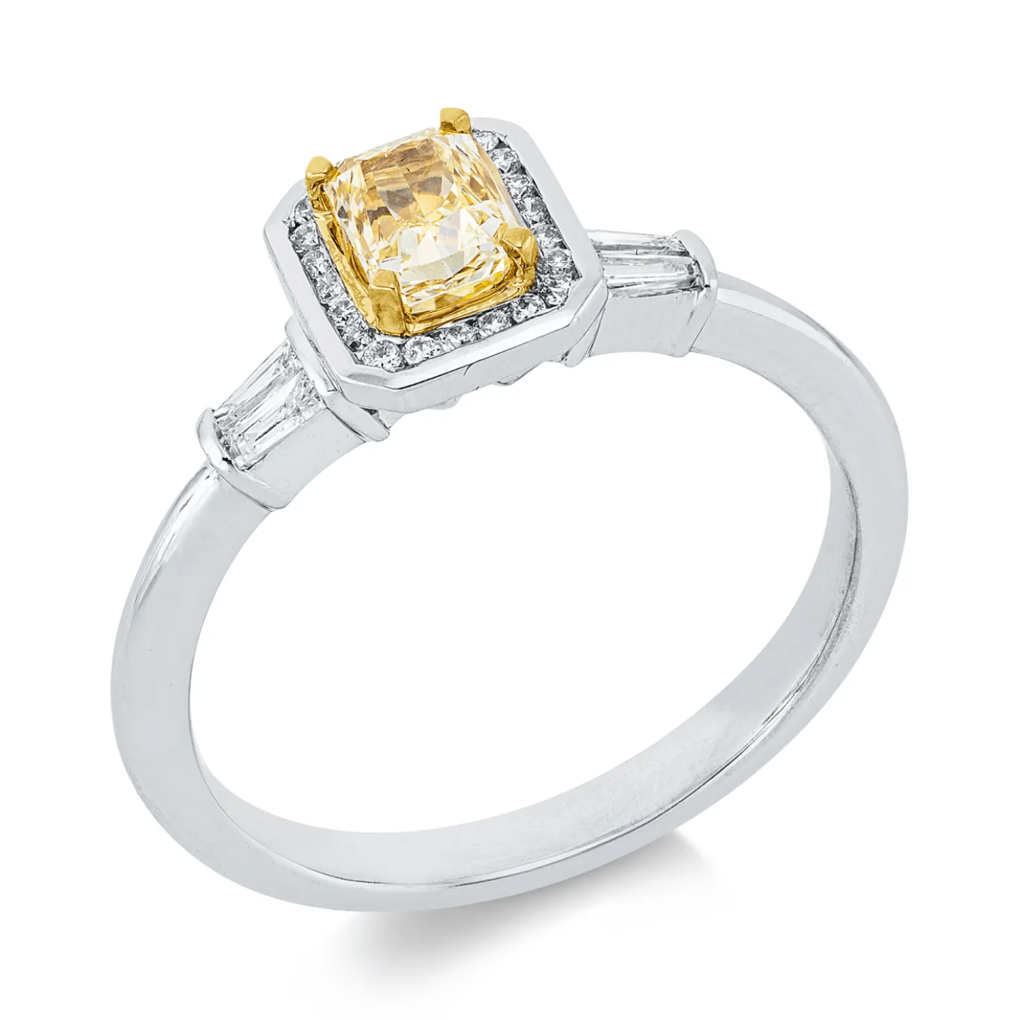 Ring aus 750 Gold gelb/weiß 27 Diamanten 0,66ct gelb B:7,3mm 4er-Krappe