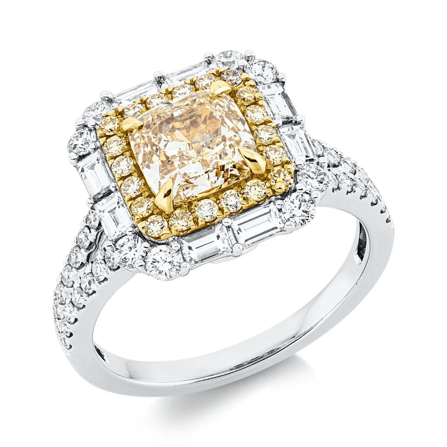 Ring aus 750 Gold gelb/weiß 69 Diamanten 2,74ct gelb-SI2 B:12,9mm 4er-Krappe