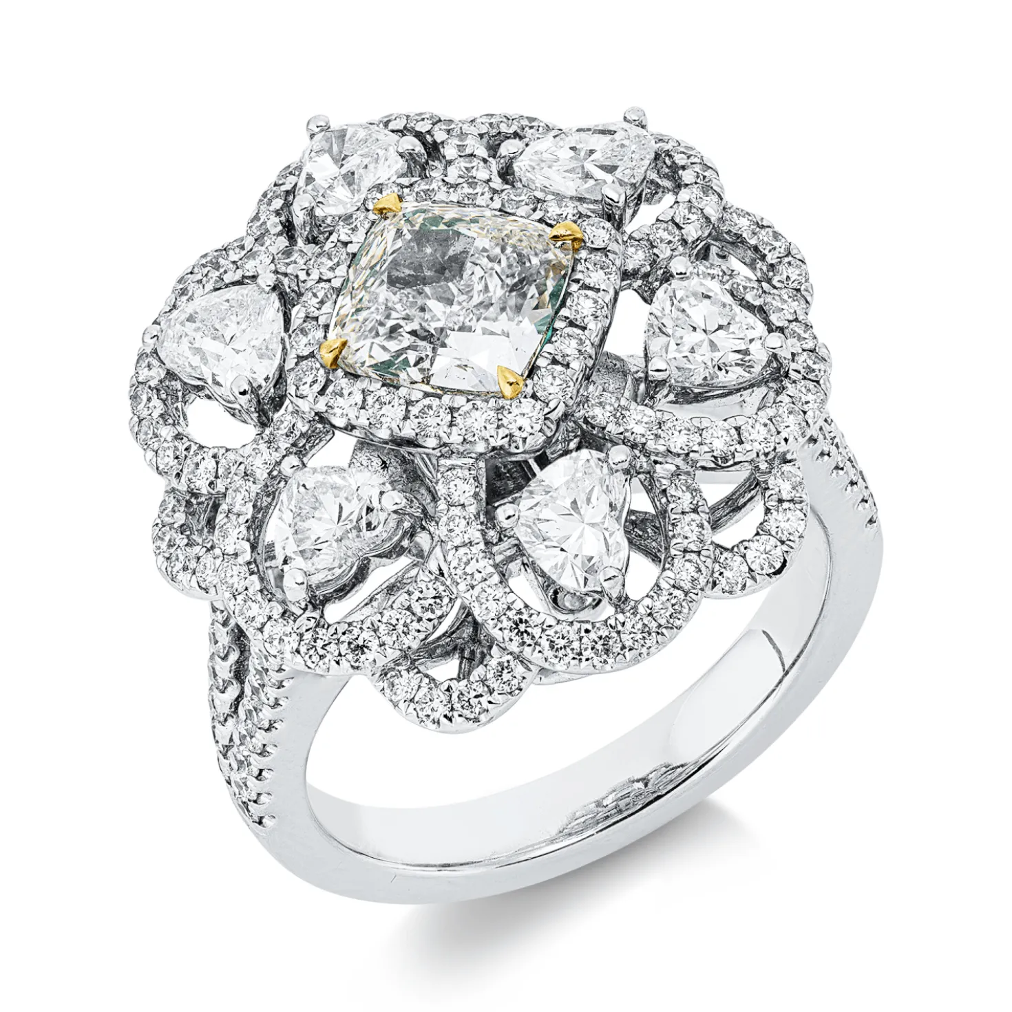 Ring aus 750 Gold gelb/weiß 161 Diamanten 3,32ct grün-SI1 B:20,6mm 4er-Krappe