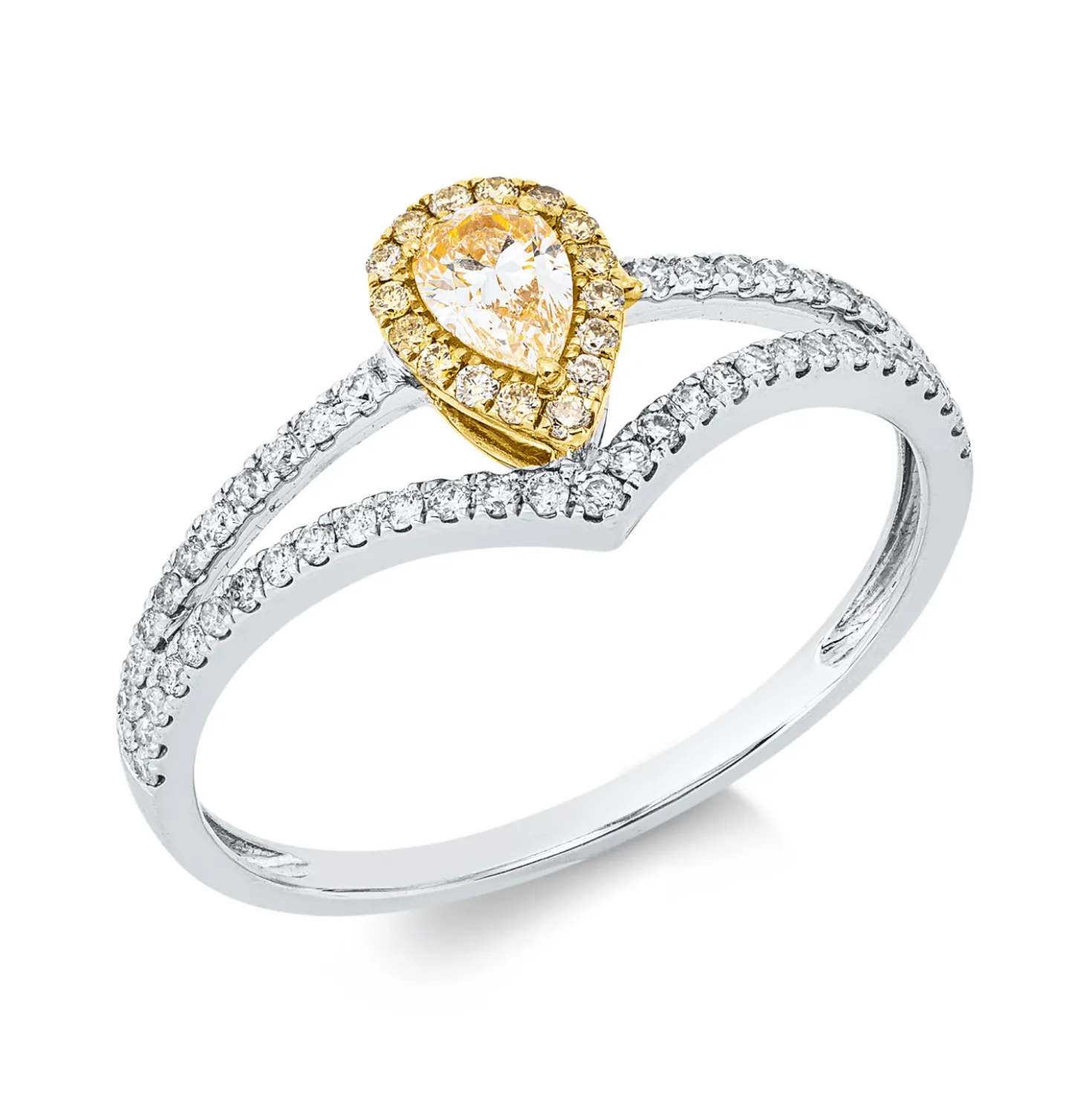 Ring aus 750 Gold gelb/weiß 68 Diamanten 0,42ct TW-SI B:8,5mm 3er-Krappe