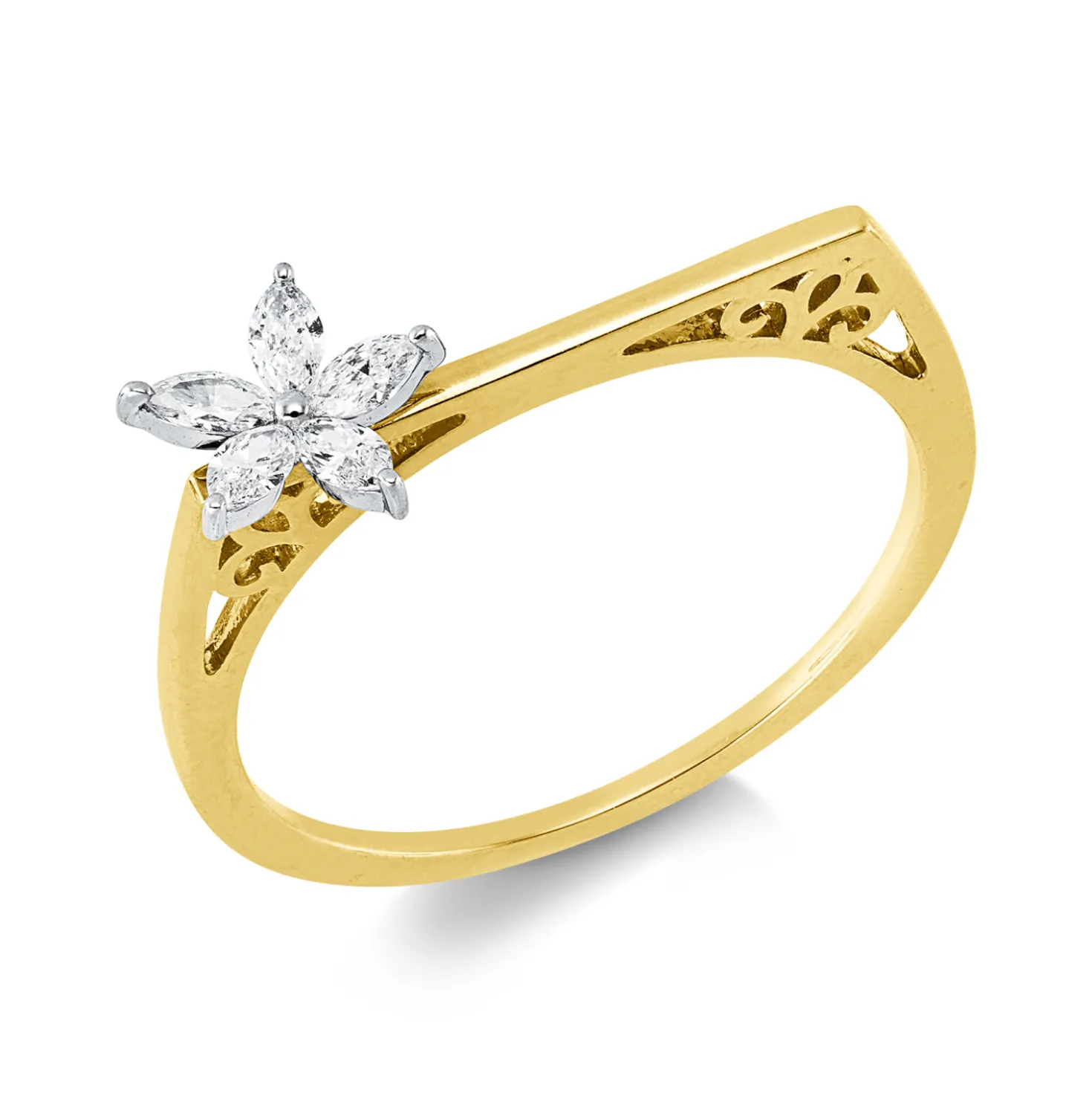 Ring aus 750 Gold gelb/weiß 5 Diamanten Navette-Schliff 0,16ct TW-SI B:7mm
