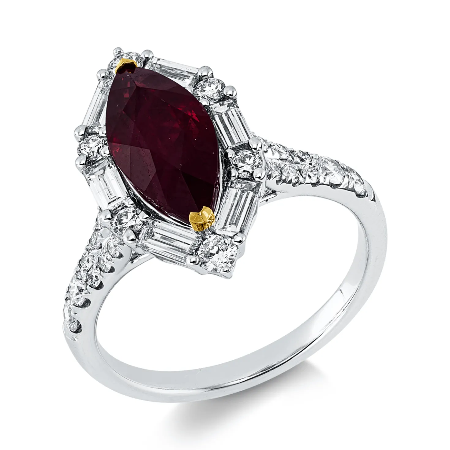 Ring aus 750 Gold gelb/weiß Rubin 3,03ct rot 32 Diamanten 1ct F-SI B:18mm