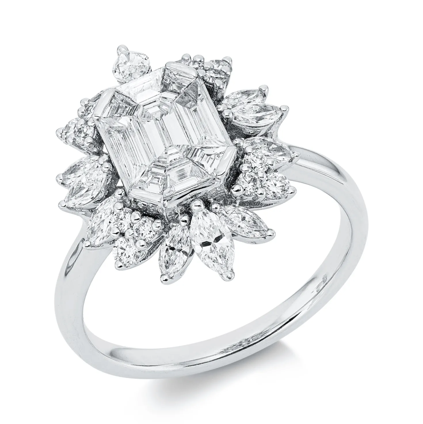 Ring aus 750 Gold Weißgold 33 Diamanten 1,29ct TW-SI B:18mm 4er-Krappe