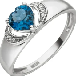 Ring aus 585 Gold Weißgold mit Herz aus Blautopas 8 Diamanten 0.04Ct