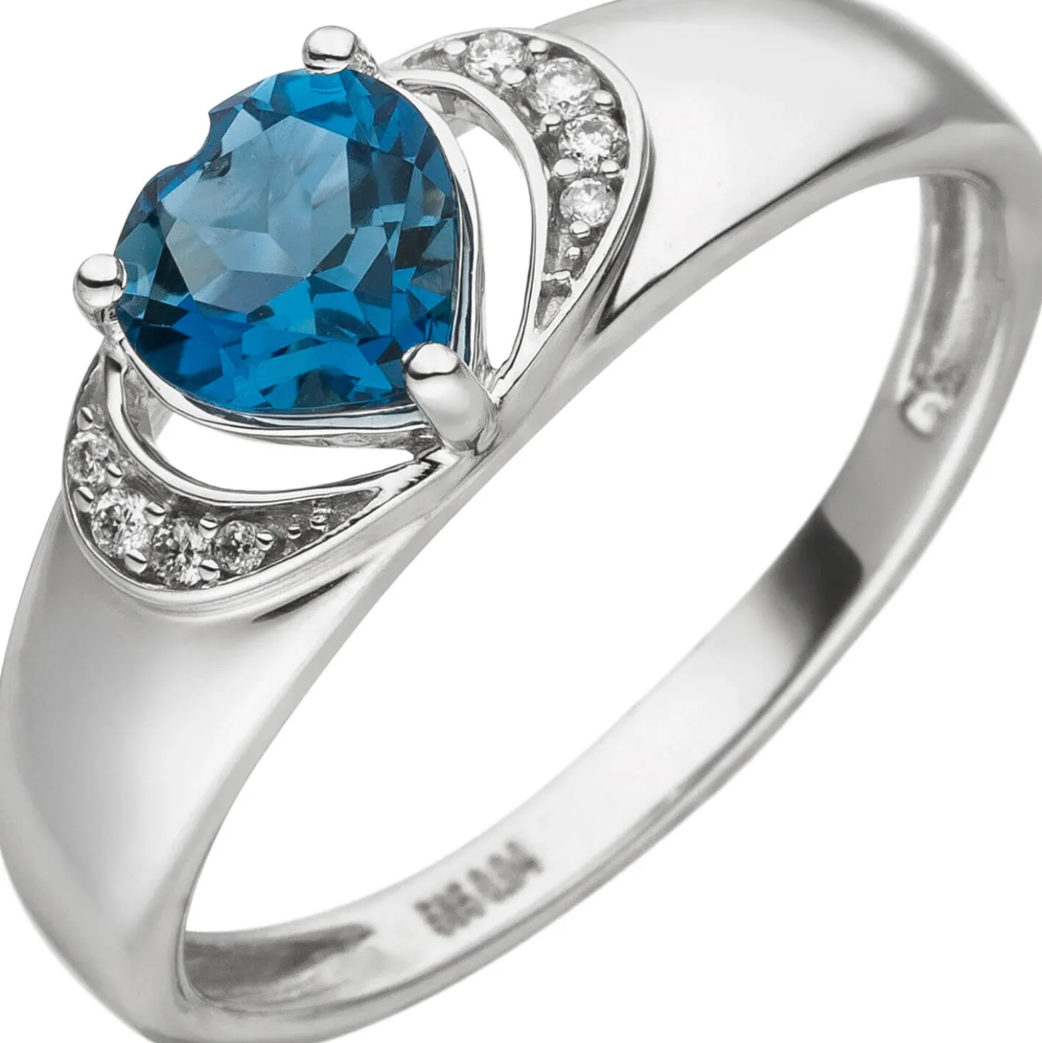 Ring aus 585 Gold Weißgold mit Herz aus Blautopas 8 Diamanten 0.04Ct