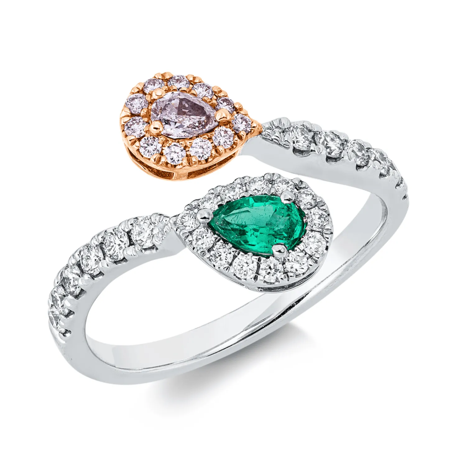Ring aus 750 Gold weiß/rot Smaragd 0,21ct grün 37 Diamanten 0,56ct B:13,1mm