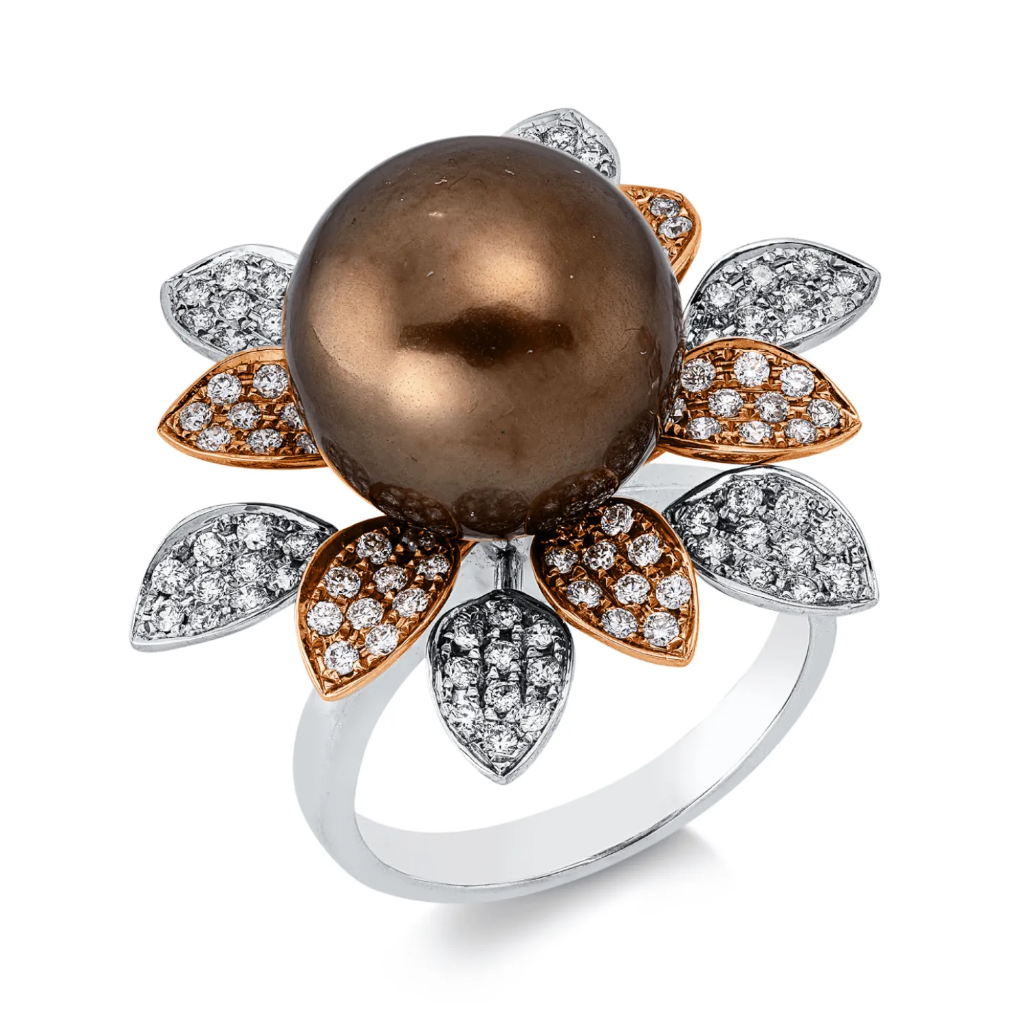 Ring aus 750 Gold weiß/rot Tahiti-Perle 12,5mm braun 120 Brillanten 0,72ct F-VSI