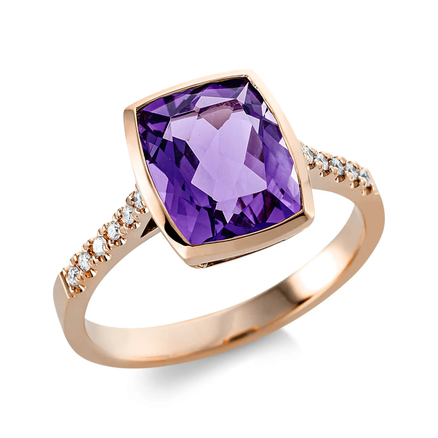 Ring aus 750 Rotgold Amethyst 3ct lila 12 Brillanten 0,08ct TW-SI B:11mm Zarge