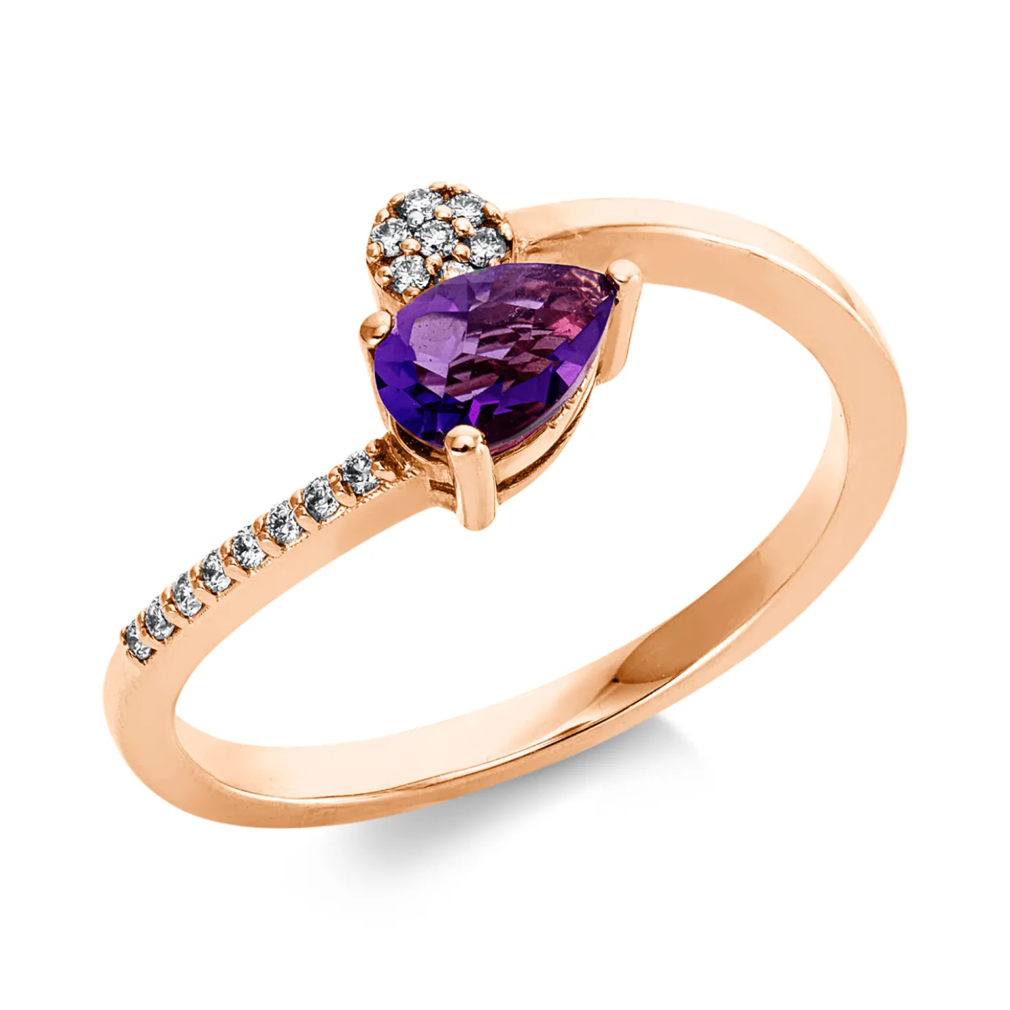 Ring aus 585 Rotgold Amethyst 0,37ct lila 15 Brillanten 0,06ct TW-VSI B:7,6mm