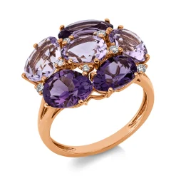 Ring aus 750 Rotgold 6 Amethyste 5,7ct lila 7 Brillanten 0,11ct TW-SI B:16mm