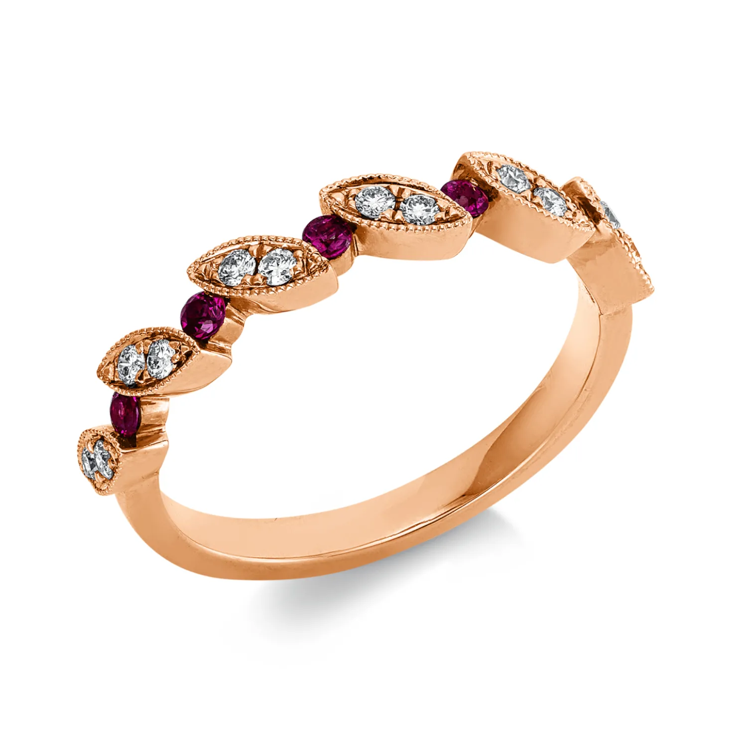 Ring aus 750 Rotgold 5 Rubine 0,15ct rot 12 Brillanten 0,15ct TW-SI B:3,4mm