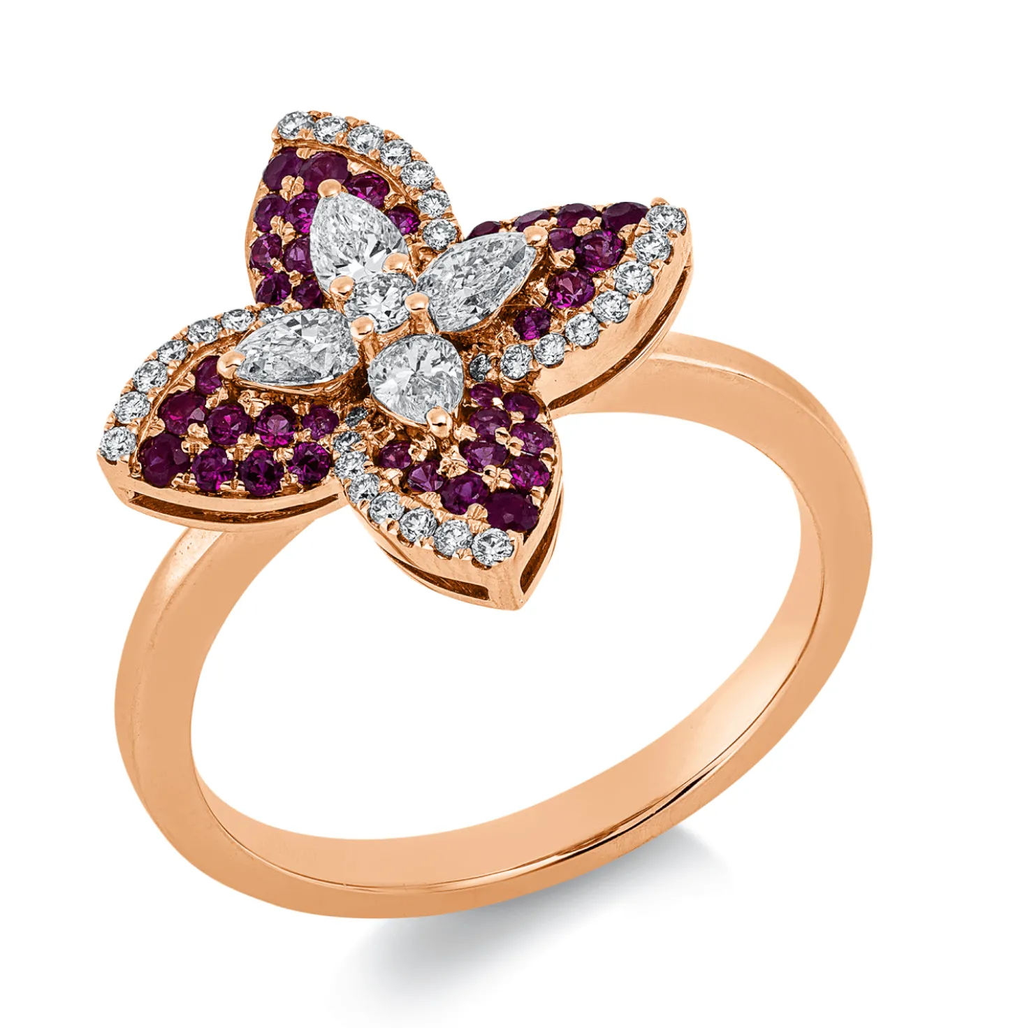 Ring aus 750 Rotgold 40 Rubine 0,32ct rot 37 Diamanten 0,47ct F-VSI B:15,8mm