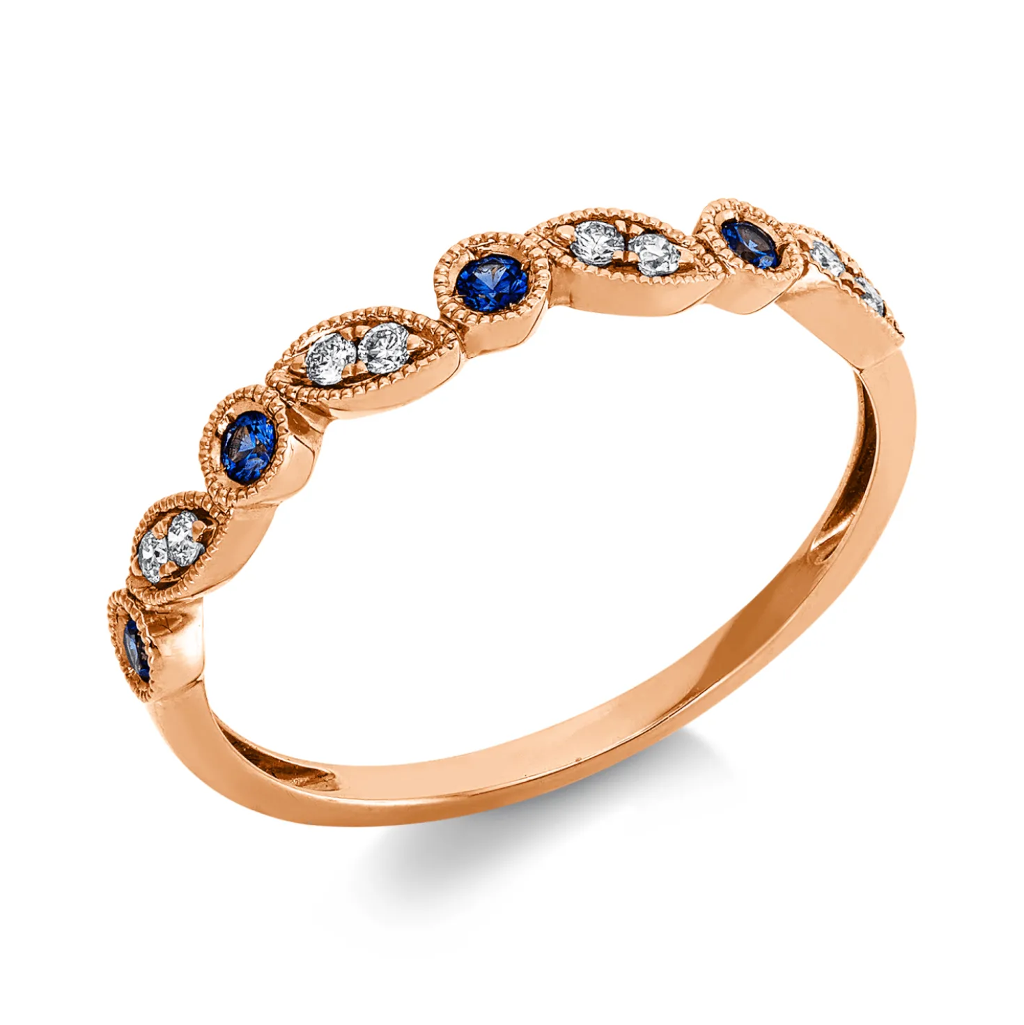 Ring aus 750 Rotgold 4 Saphire 0,07ct blau 8 Brillanten 0,06ct TW-SI B:2,7mm