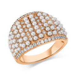 Ring aus 750 Rotgold 66 Süßwasser-Perlen 1,8mm weiß 64 Brillanten 0,58ct TW-SI