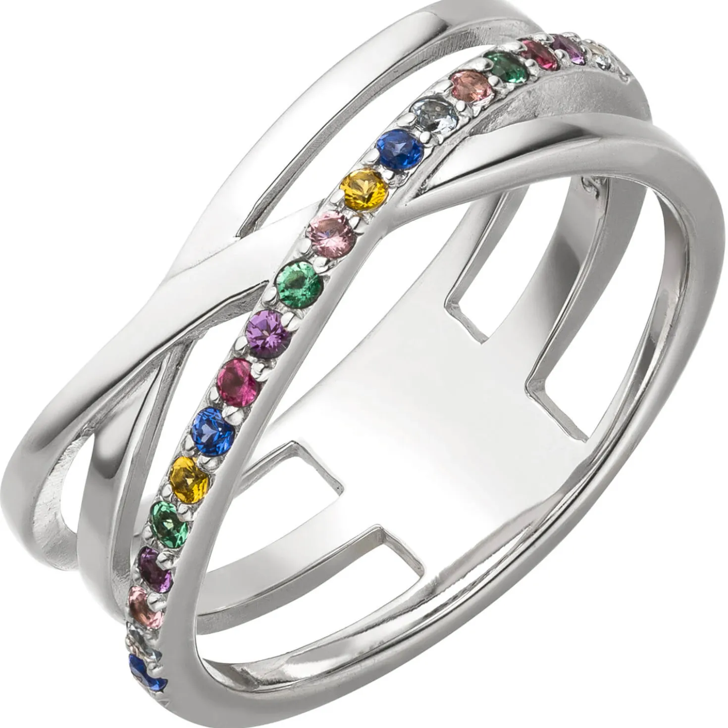 Ring aus 925 Silber mit bunten Zirkonia Silberring gekreuzt multicolor