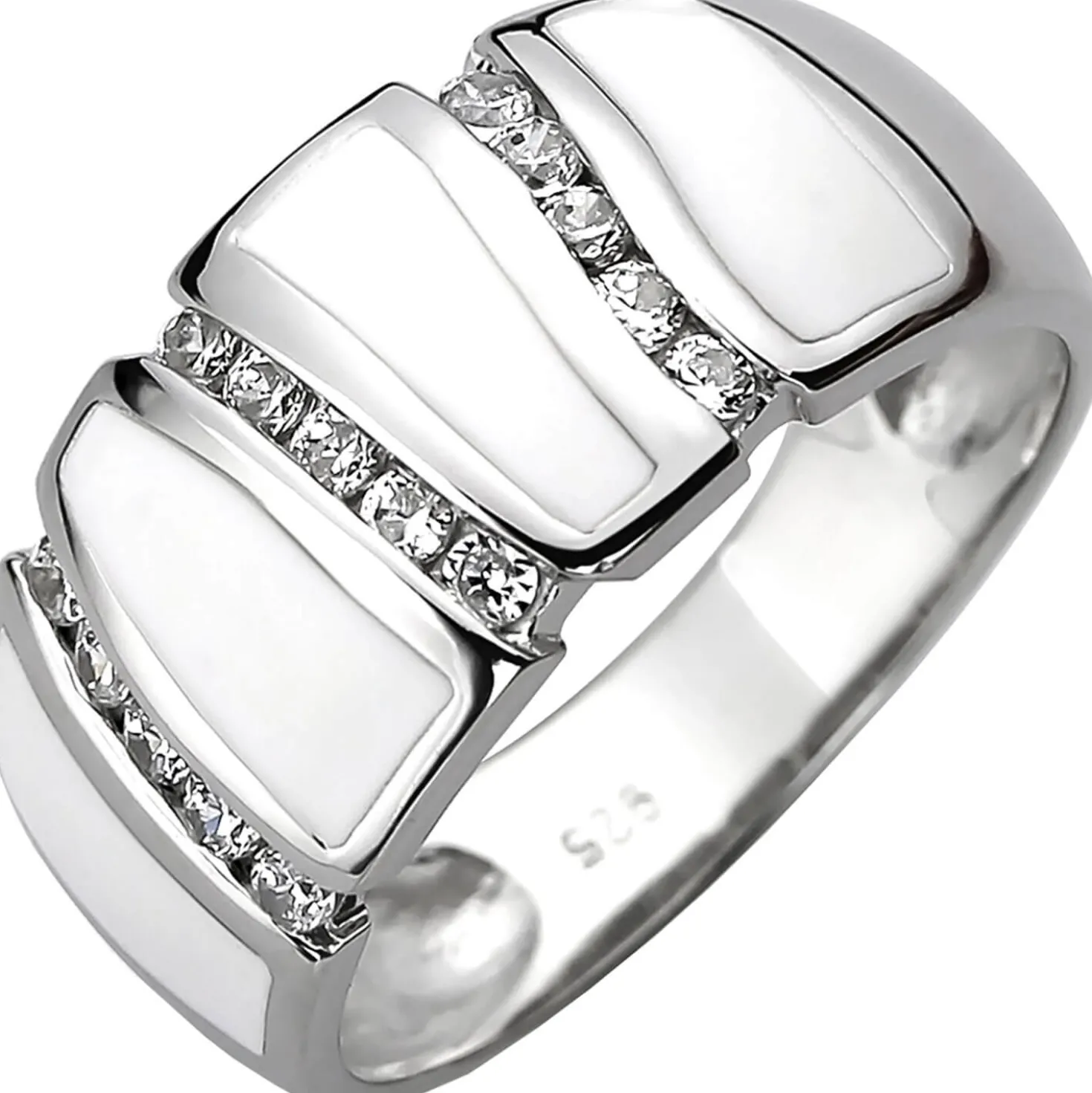 Ring aus 925 Silber mit 15 weißen Zirkonia & Emaille-Einlage weiße Fingerring