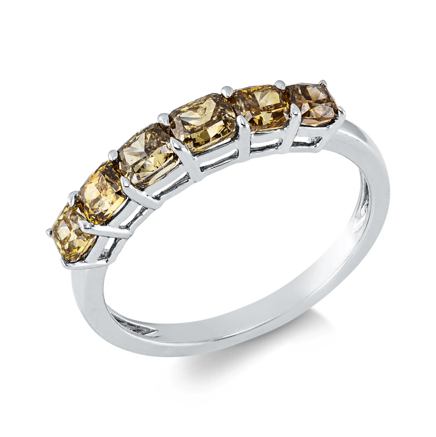 Ring aus 750 Weißgold 6 Diamanten Kissen-Schliff 1,3ct braun B:3,4mm