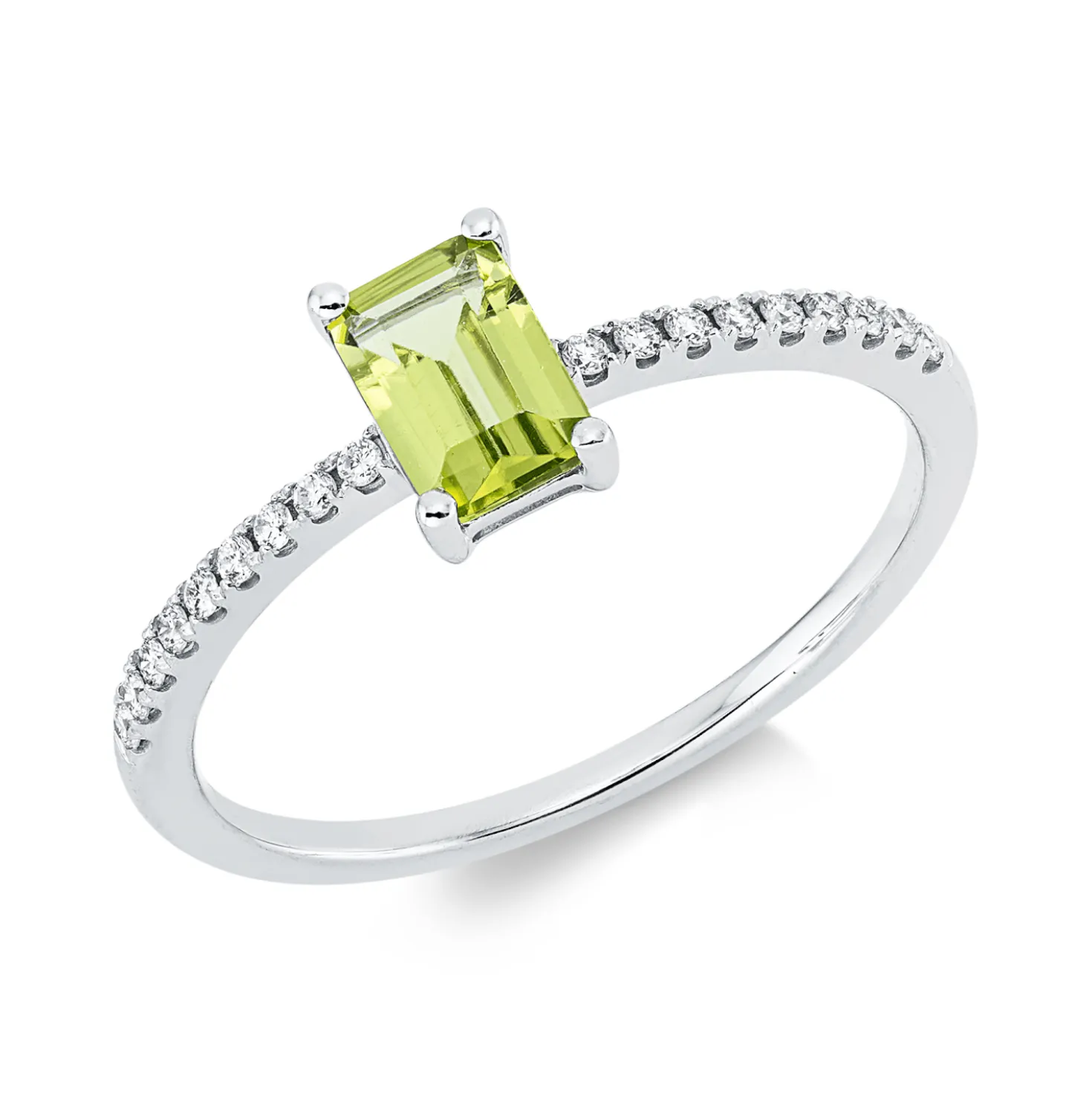 Ring aus 750 Weißgold Peridot 0,64ct 18 Brillanten 0,09ct TW-SI B:6,6mm 4er-Krappe