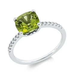Ring aus 750 Weißgold Peridot 2,24ct 14 Brillanten 0,11ct TW-SI B:8mm 4er-Krappe