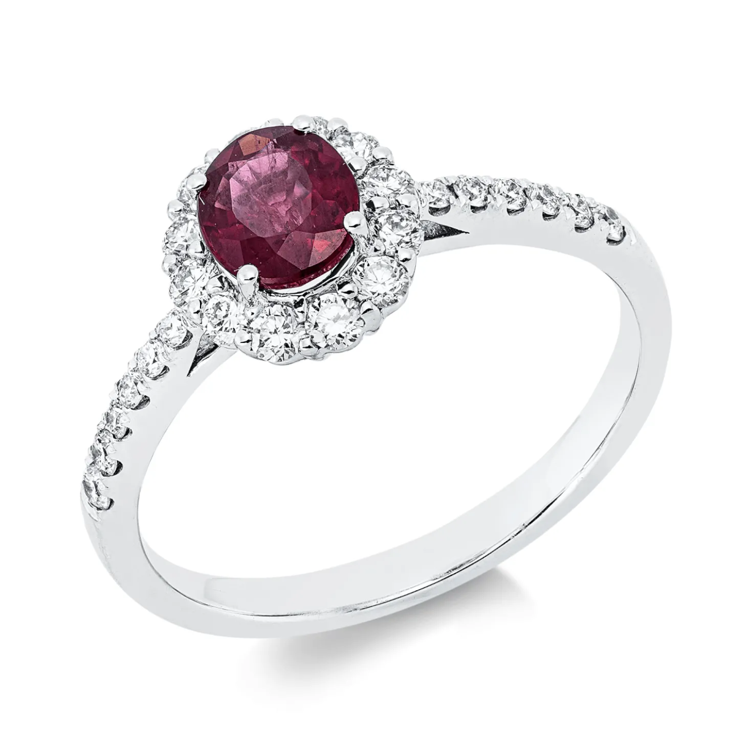 Ring aus 750 Weißgold Rubin 0,72ct rot 24 Brillanten 0,38ct TW-SI B:9,1mm