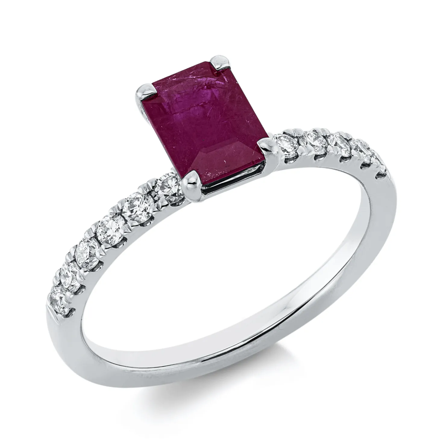 Ring aus 750 Weißgold Rubin 1,11ct rot 12 Brillanten 0,25ct TW-SI B:7,1mm