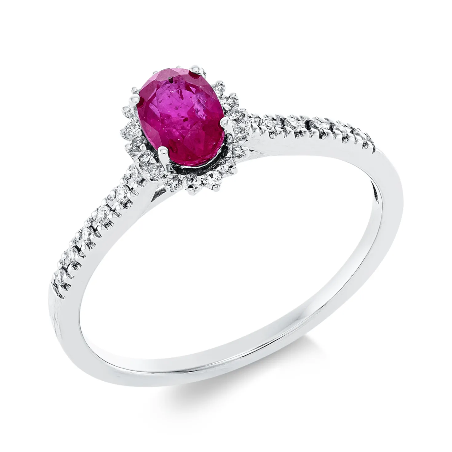 Ring aus 750 Weißgold Rubin 0,57ct rot 30 Brillanten 0,11ct TW-SI B:6,5mm