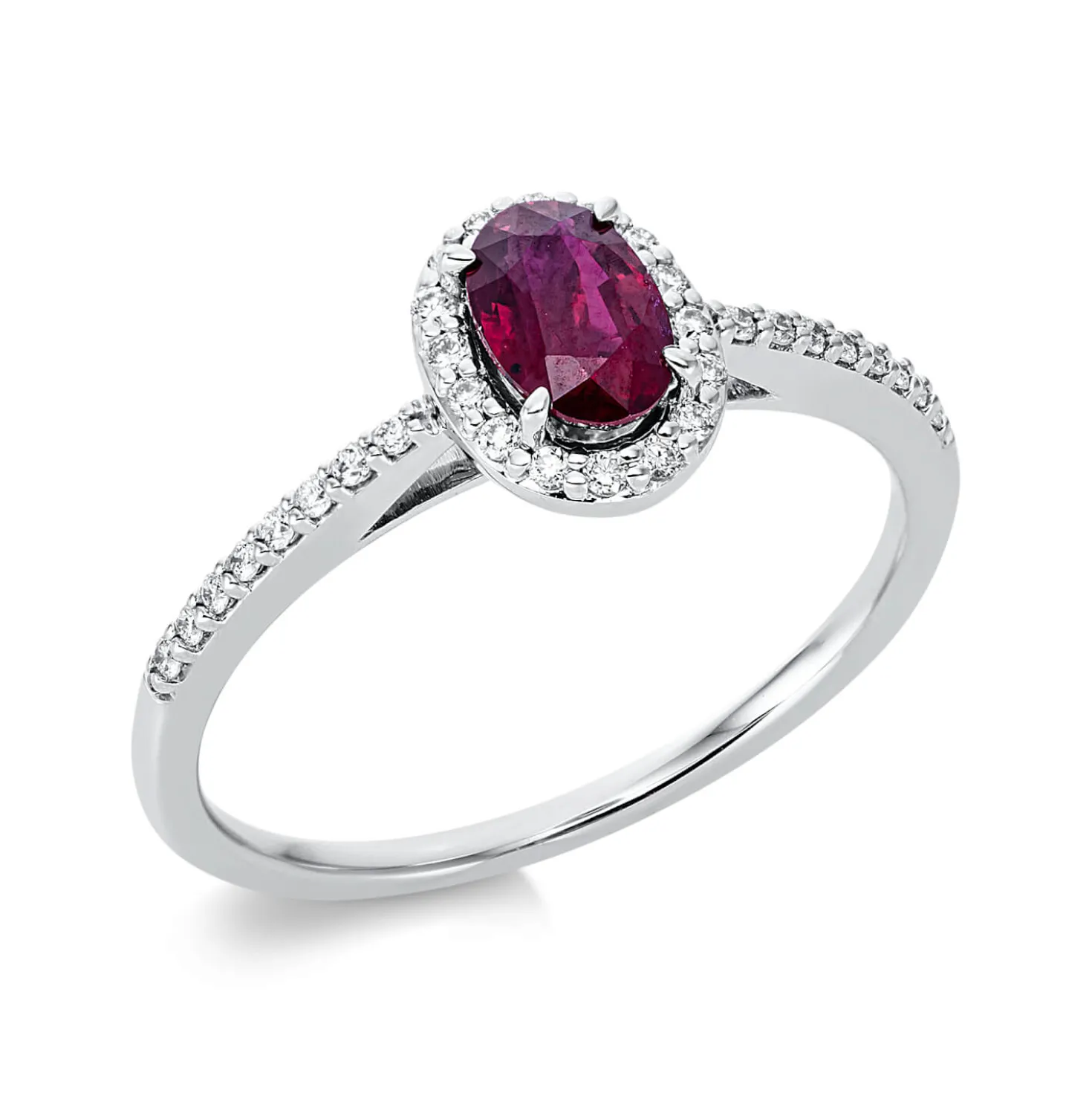 Ring aus 750 Weißgold Rubin 0,54ct rot 32 Brillanten 0,14ct TW-SI B:8,1mm