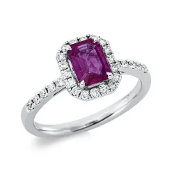 Ring aus 750 Weißgold Rubin 1ct rot 28 Brillanten 0,3ct TW-SI B:8,4mm 4er-Krappe